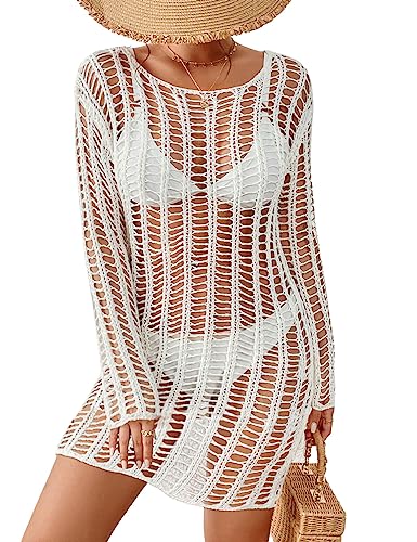 Long Sleeve Crochet Swimwear Cover Up - Sexy Beach Dress