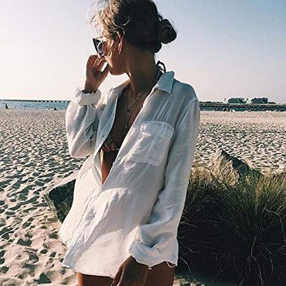 Women's Long Sleeve Button-Down Beach Shirt Cover Up