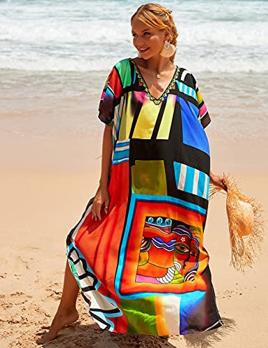 Colorful Print Plus Size Swimsuit Cover Up - V-Neck Kaftans