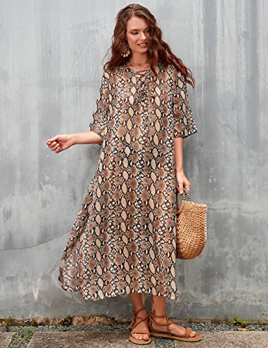 Women's V-Neck Snake Print Beach Kaftan Cover Up with Side Split